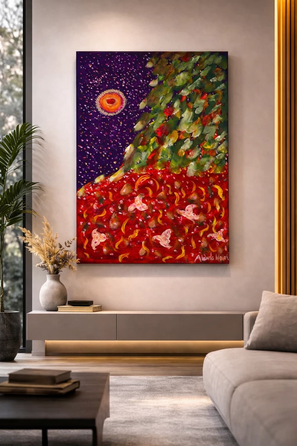 Acrylgemaelde 'Himmlischer Bluetenregen in der Nacht' von Aldona Waloch, 2021, 40 x 60 cm.