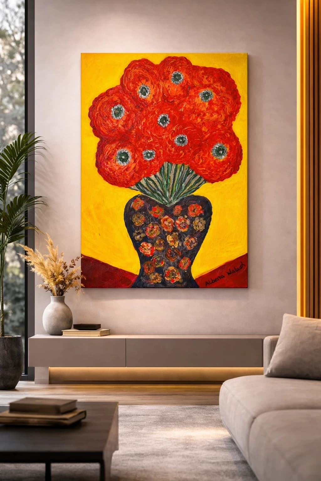 Acrylgemaelde 'Gute Laune Blumenstrauss' von Aldona Waloch, 2024, 40 x 60 cm.