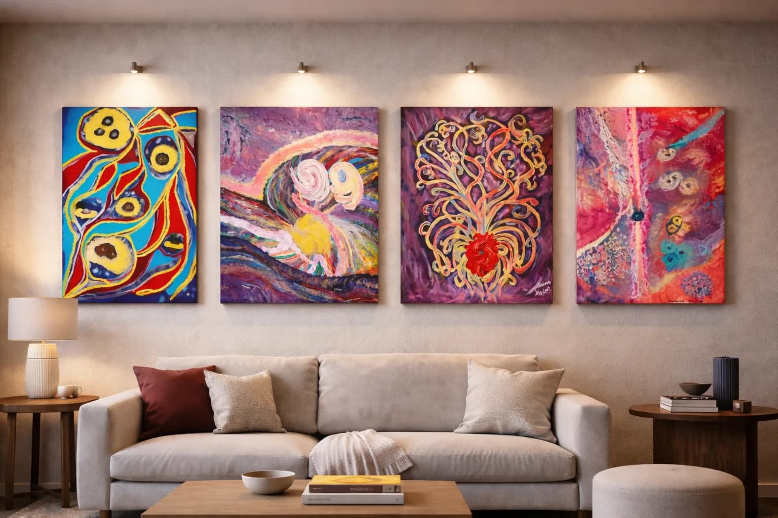 Galerieüberblick mit abstrakten Gemälden von Aldona Waloch