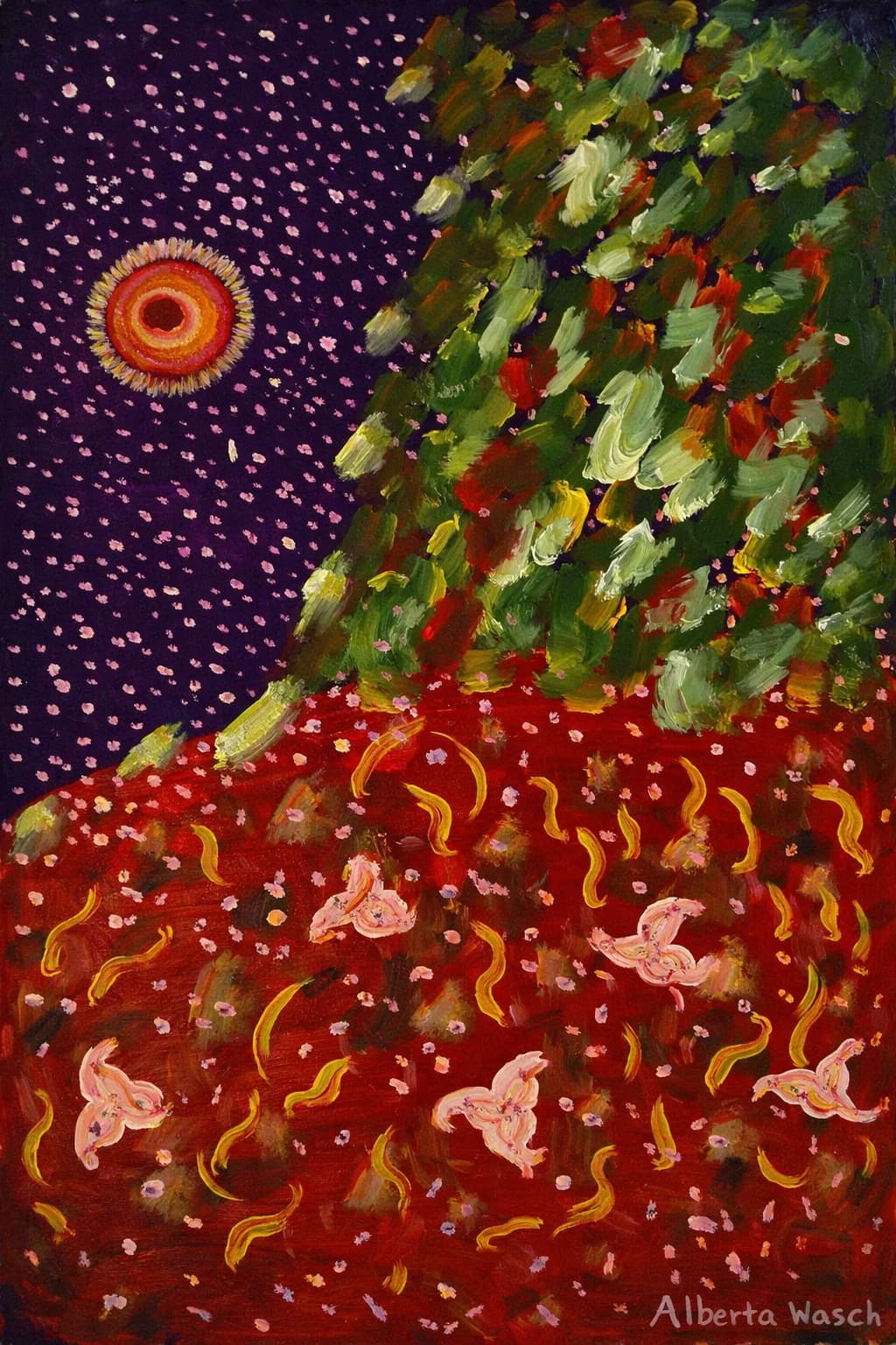 Acrylgemaelde 'Himmlischer Bluetenregen in der Nacht' von Aldona Waloch, 2021, 40 x 60 cm.